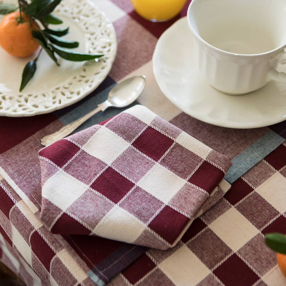 Burgundy Check Woven Cotton Napkin - 45 x 45 cm