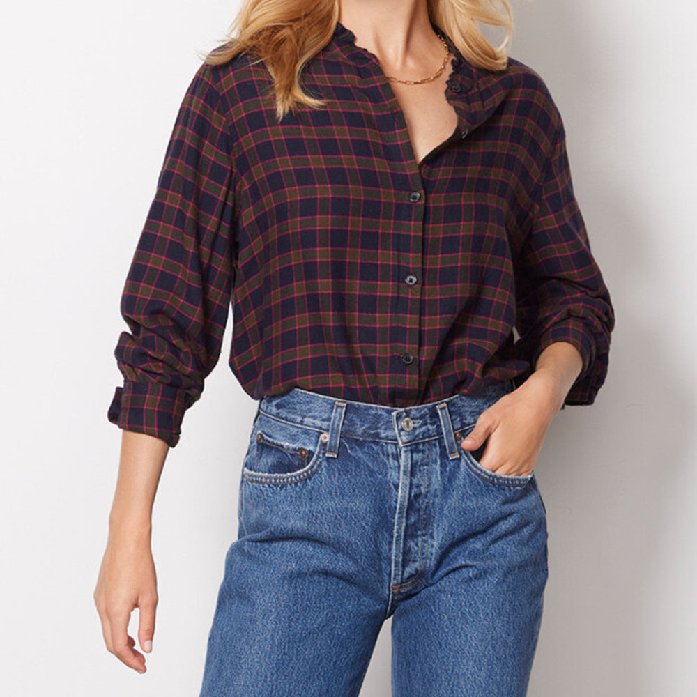 Andie Plaid Blouse - Navy Olive Fuschia