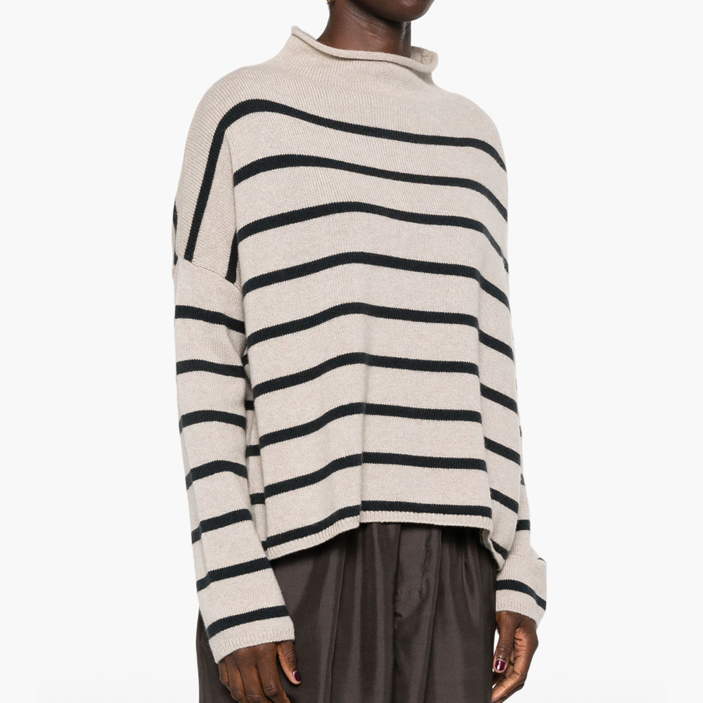 LISA YANG Sandy Striped Mock Neck Cashmere Sweater - Sand/Ink