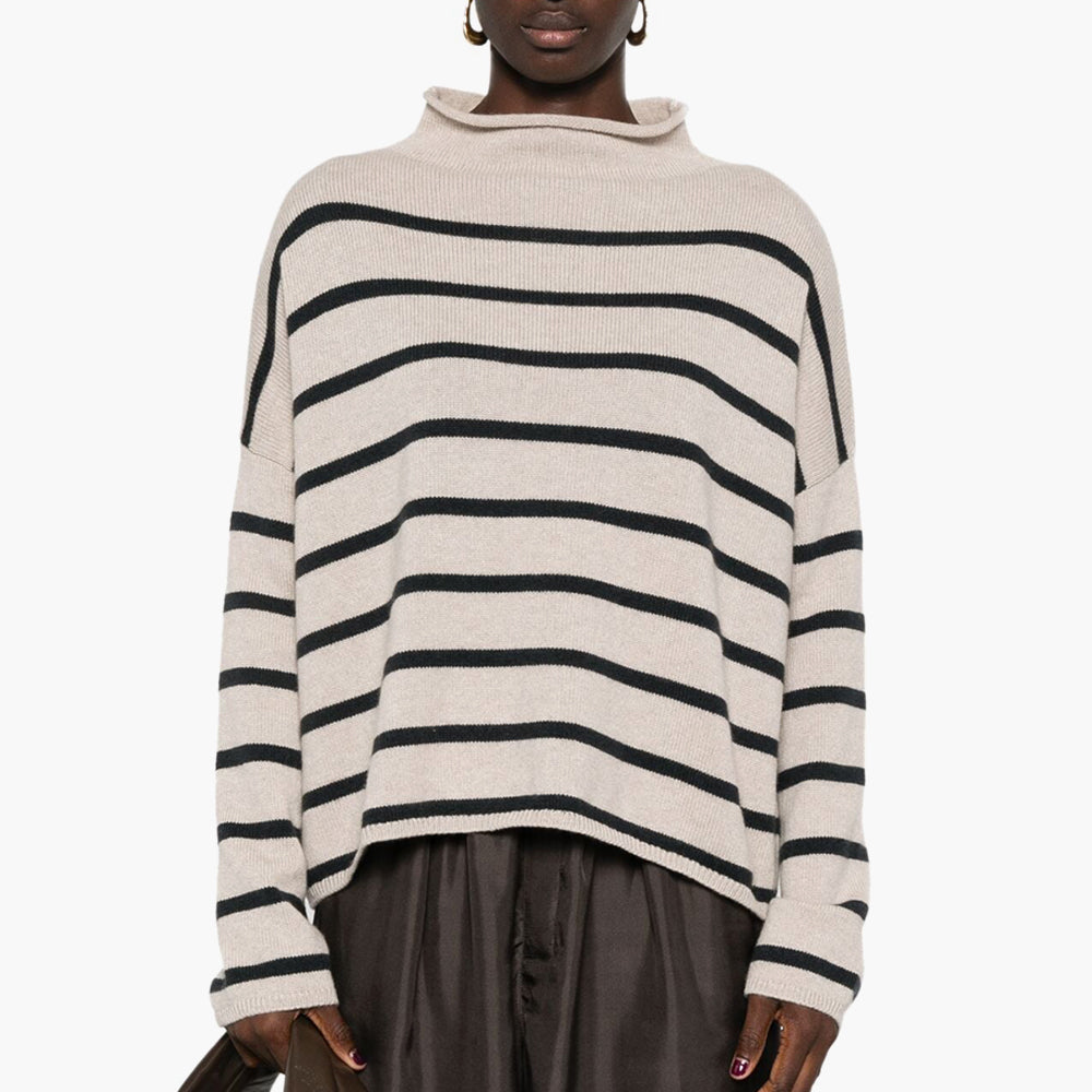 LISA YANG Sandy Striped Mock Neck Cashmere Sweater - Sand/Ink