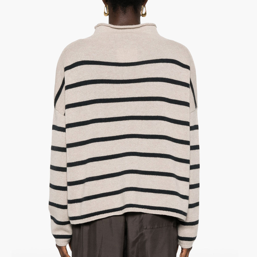 LISA YANG Sandy Striped Mock Neck Cashmere Sweater - Sand/Ink