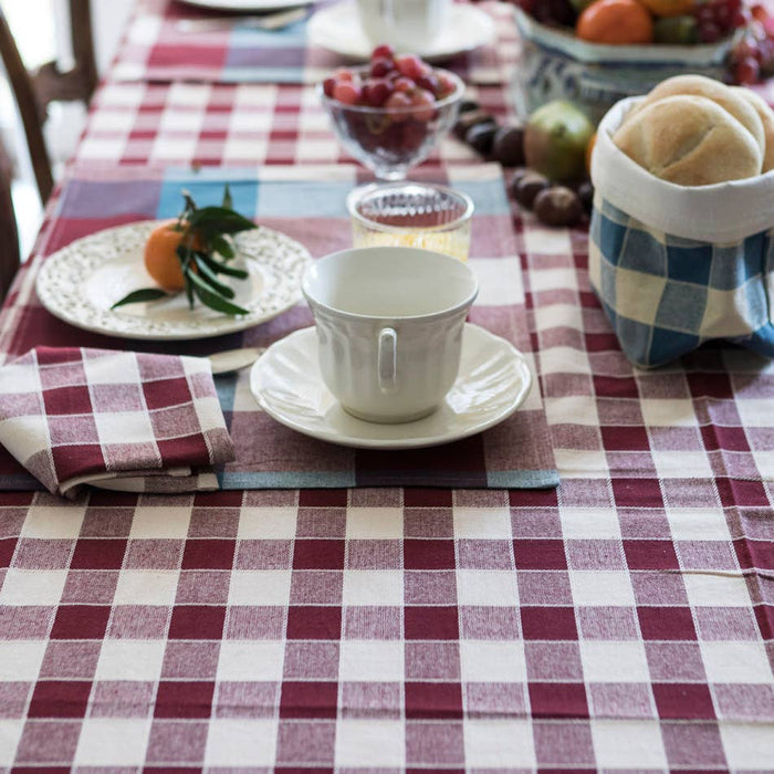 Burgundy Check Woven Cotton Tablecloth - 160 × 340 cm