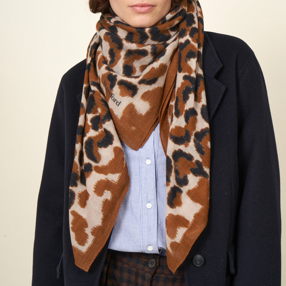 Hartford Leopard Print Wool Scarf in Camel Brown