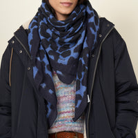 Hartford Leopard Print Wool Scarf in Navy Blue