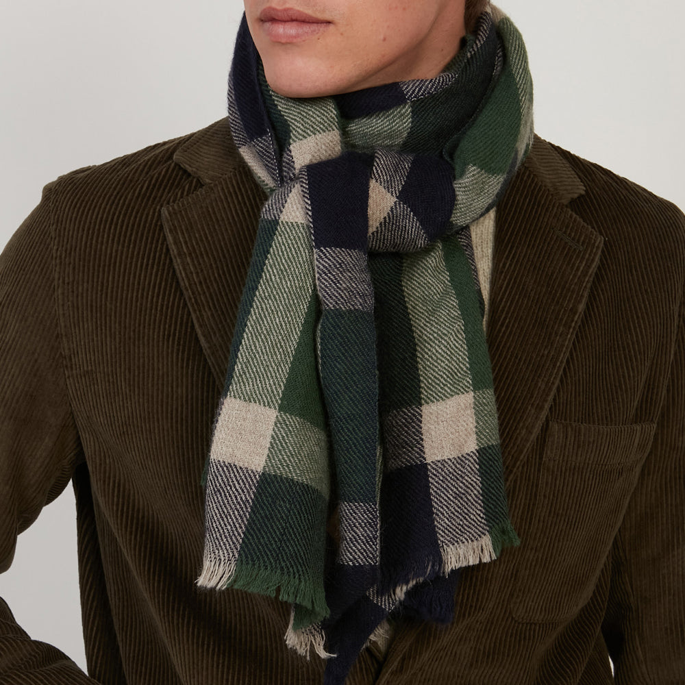 Hartford Navy & Green Tartan Wool Scarf