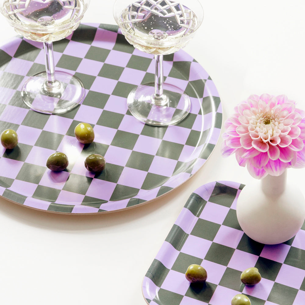 BLU KAT Lilac / Olive CHECKER Round Serving Tray - 31 cm