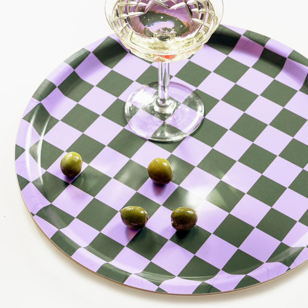 BLU KAT Lilac / Olive CHECKER Round Serving Tray - 31 cm