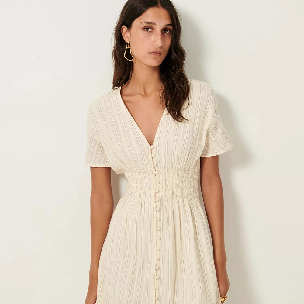 Sessn Galaposa Buttoned Cotton Gauze Dress - Cream BLU KAT Sessn Galaposa Buttoned Cotton Gauze Dress - Cream BLU KAT