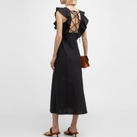 RAILS Constance Black Ruffle Linen Midi Dress - criss-cross back ties