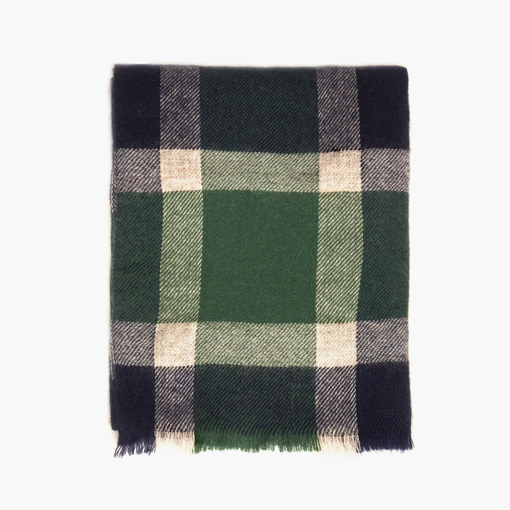 Hartford Navy & Green Tartan Wool Scarf