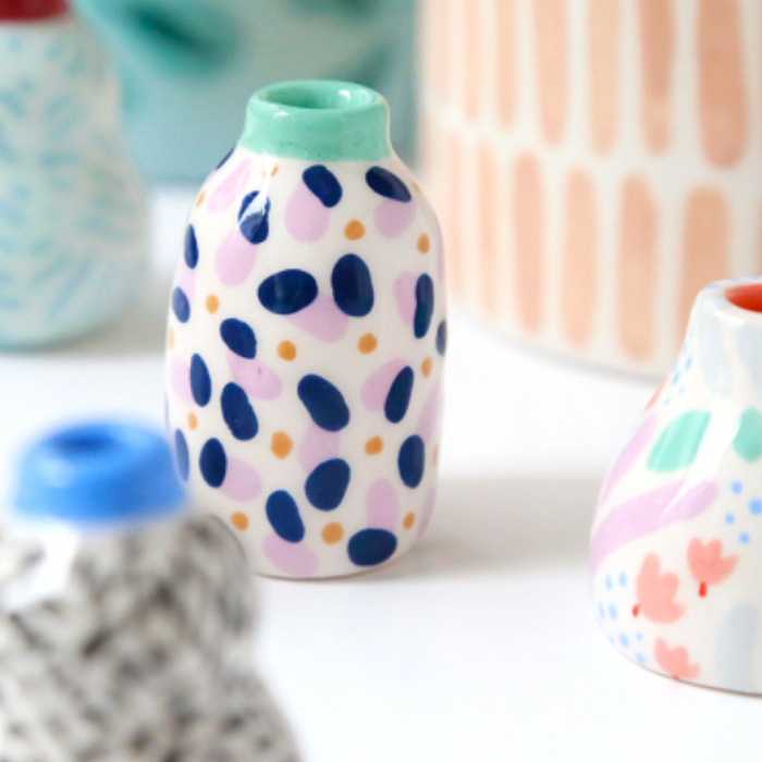 Ceramic Mini Vase with Lilac & Navy Confetti pattern from Dodo Toucan