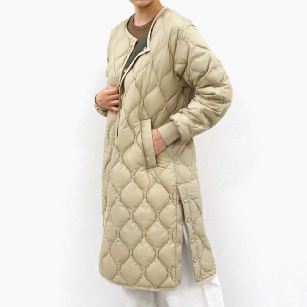 Unisex Soft Shell Military Oversized Crew Neck Down Coat - Beige