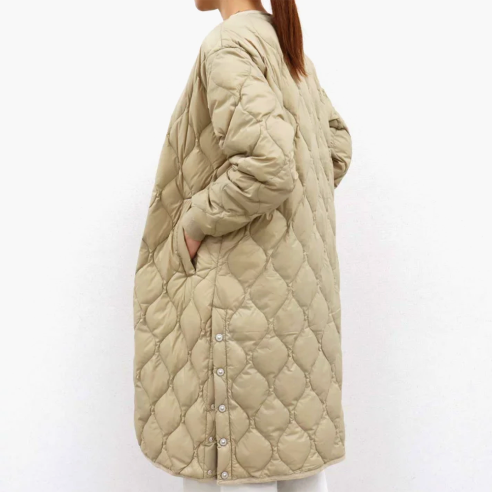 Unisex Soft Shell Military Oversized Crew Neck Down Coat - Beige