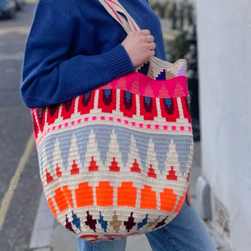 Crochet Tote Bag - Neon Coral & Grey