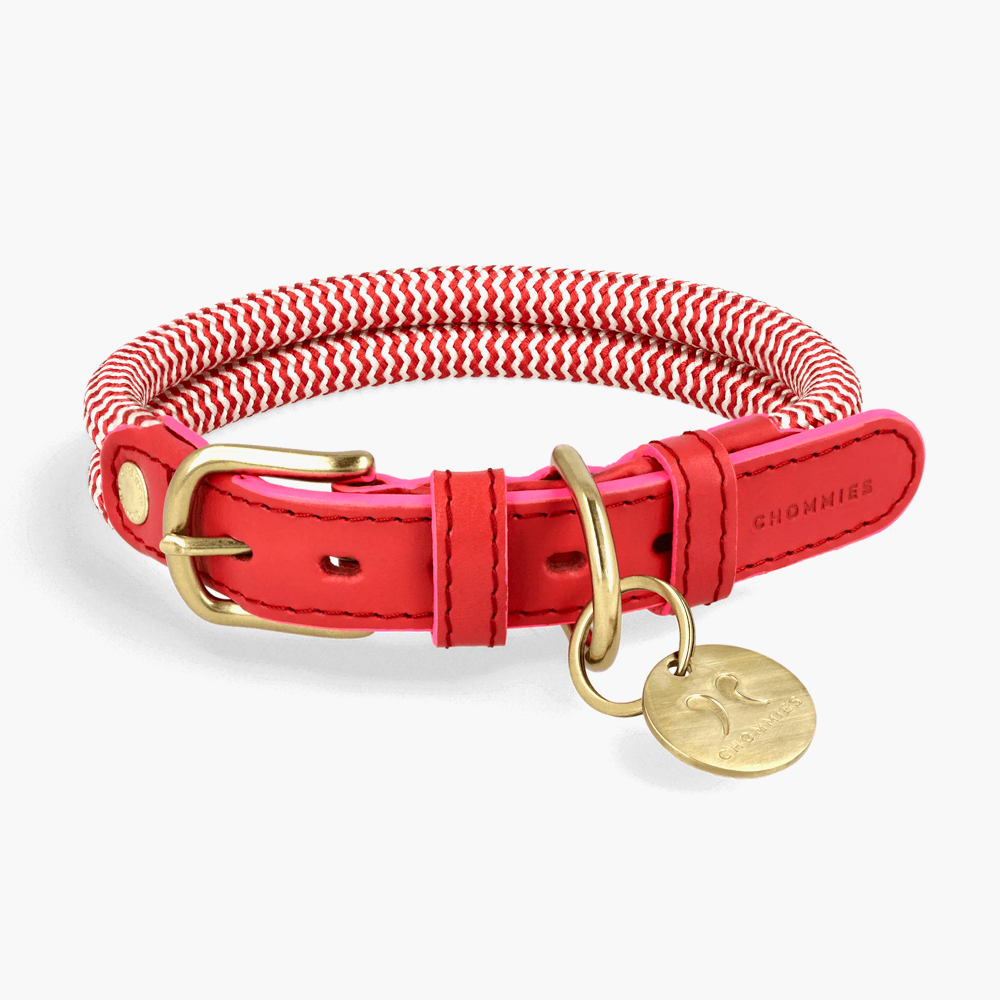 Chommies Adjustable Red Leather Rope Dog Collar Candy Cane