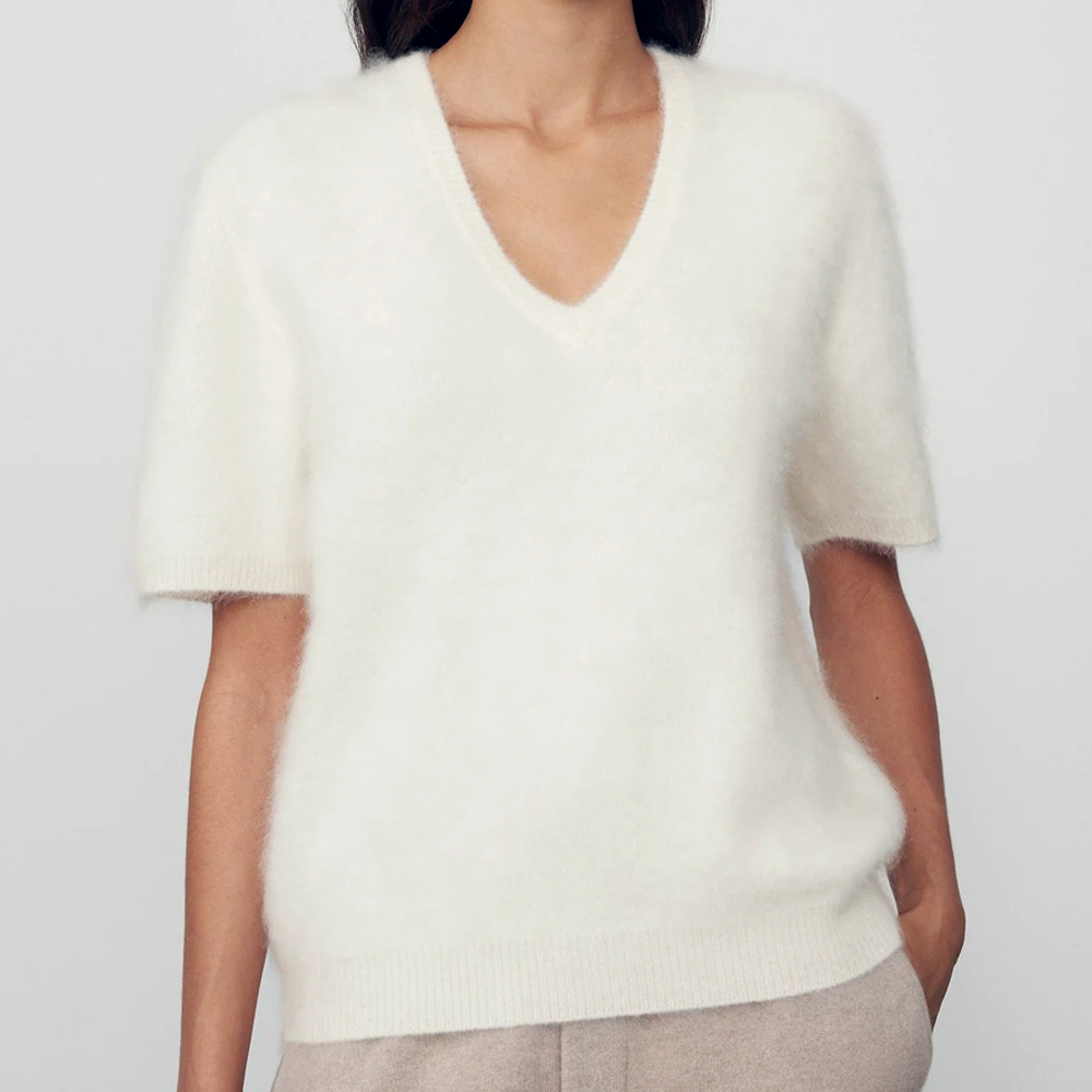 LISA YANG Lovisa Cream Brushed Cashmere Short Sleeve Sweater