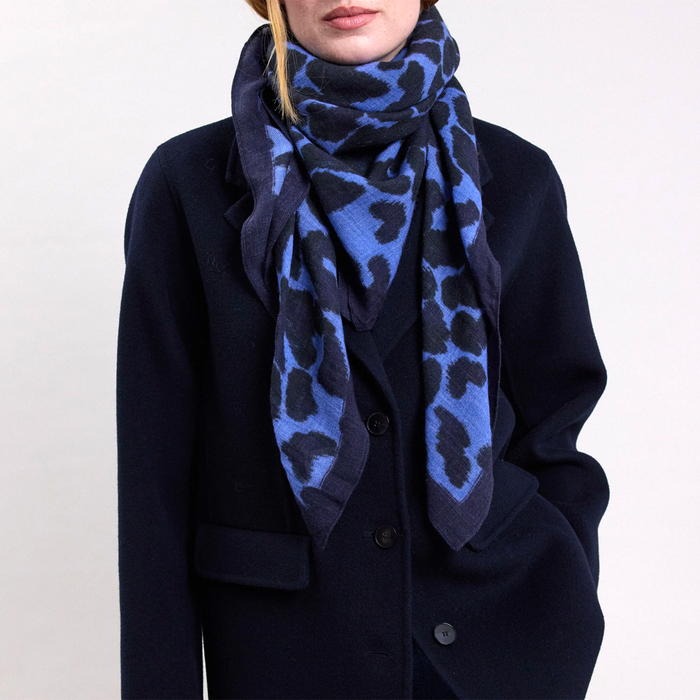 Hartford Leopard Print Wool Scarf in Navy Blue