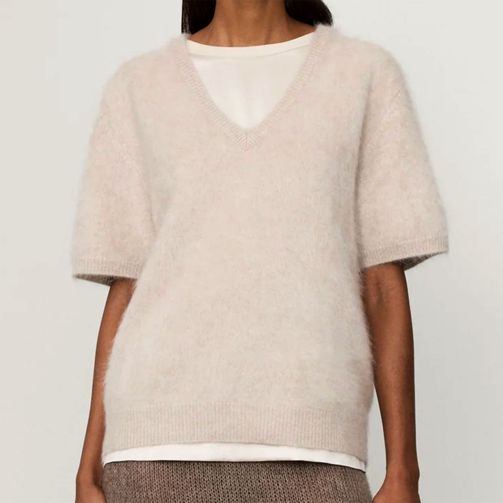 LISA YANG Lovisa Sand Brushed Cashmere Short Sleeve Sweater