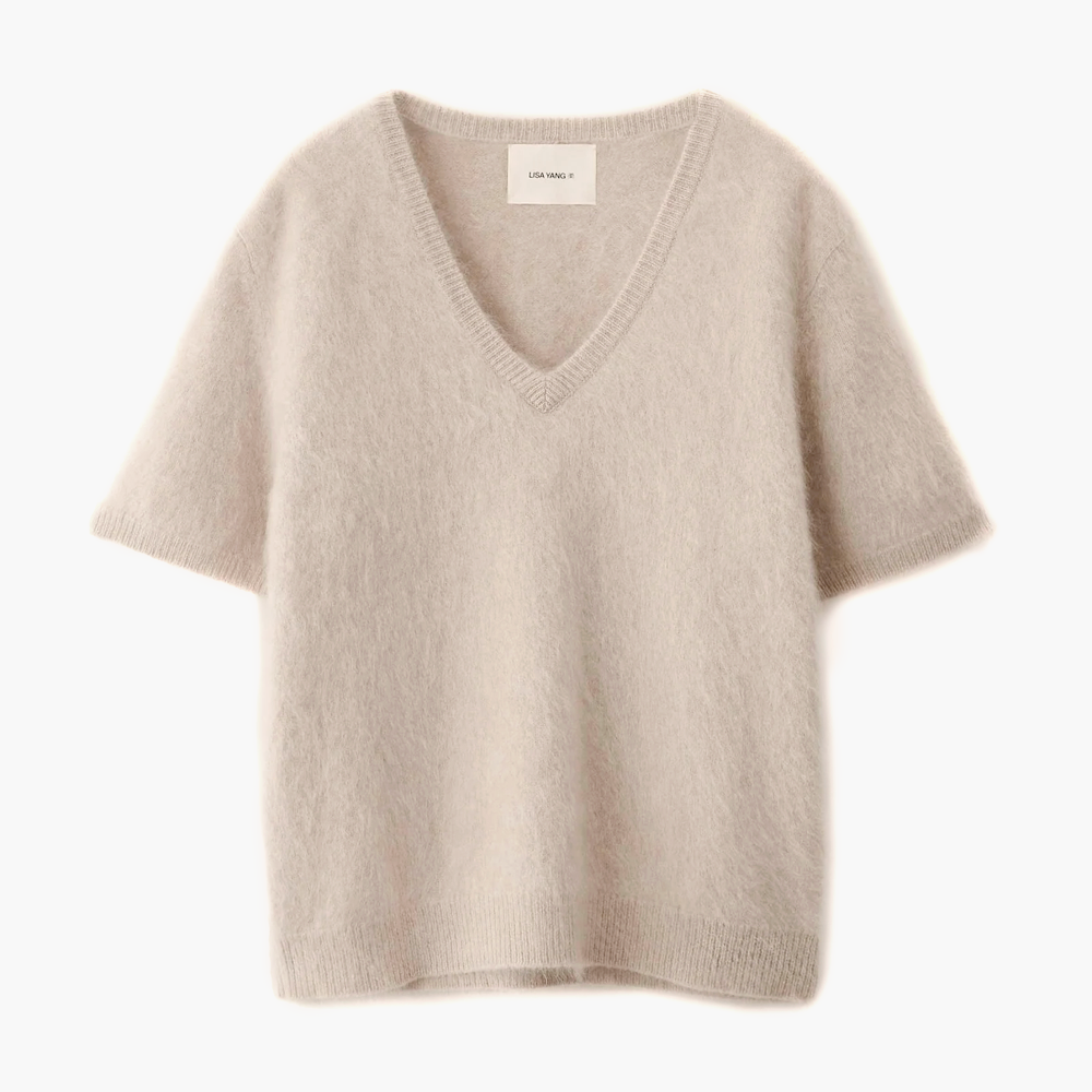 LISA YANG Lovisa Sand Brushed Cashmere Short Sleeve Sweater