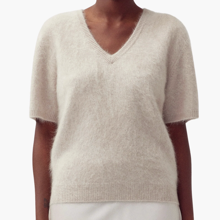 LISA YANG Lovisa Sand Brushed Cashmere Short Sleeve Sweater