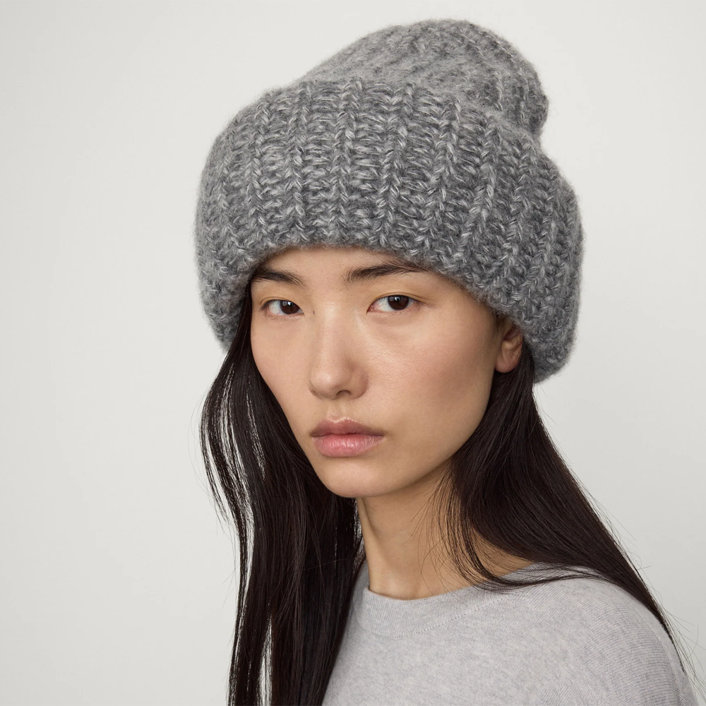 LISA YANG Becka Grey Oversized Cashmere/Silk Rib Knit Beanie