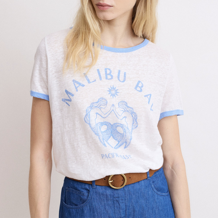 HARTFORD 'Malibu Bay' Print White Linen T-shirt