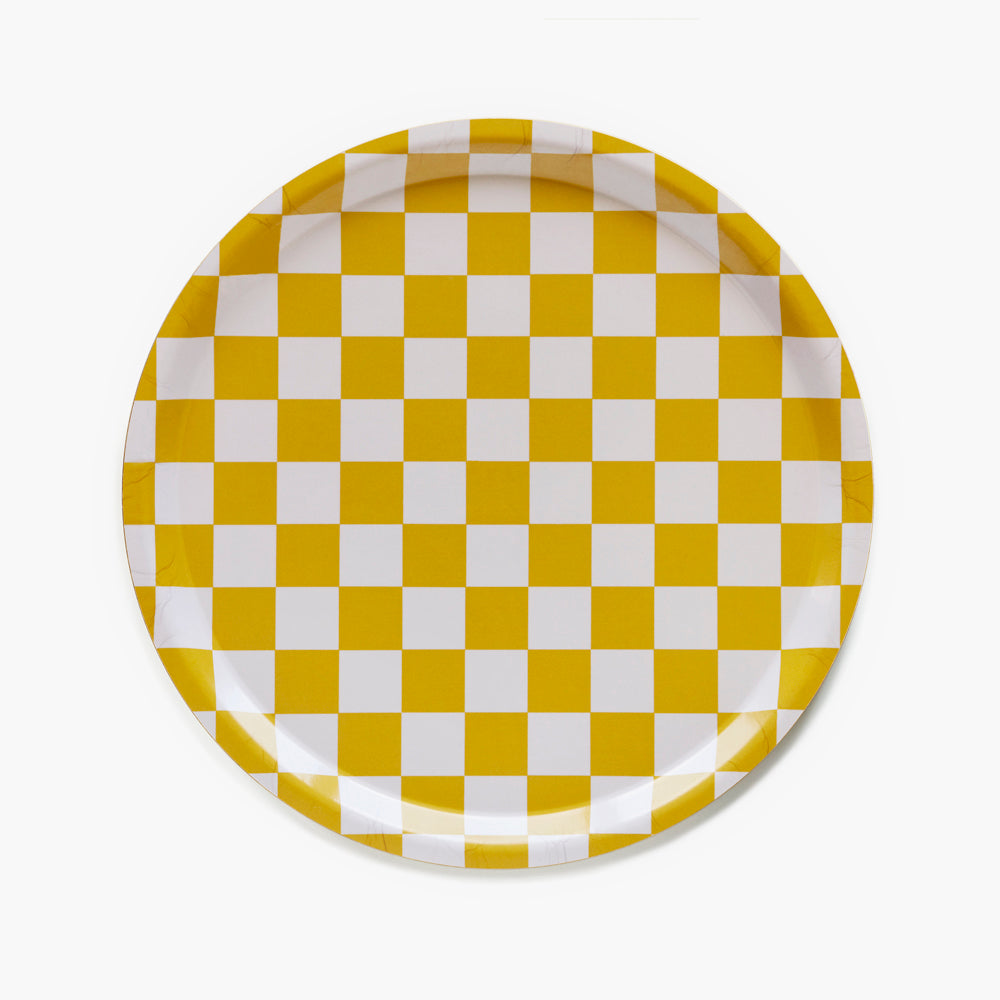 BLU KAT Mustard / Cream CHECKER Round Serving Tray - 31 cm