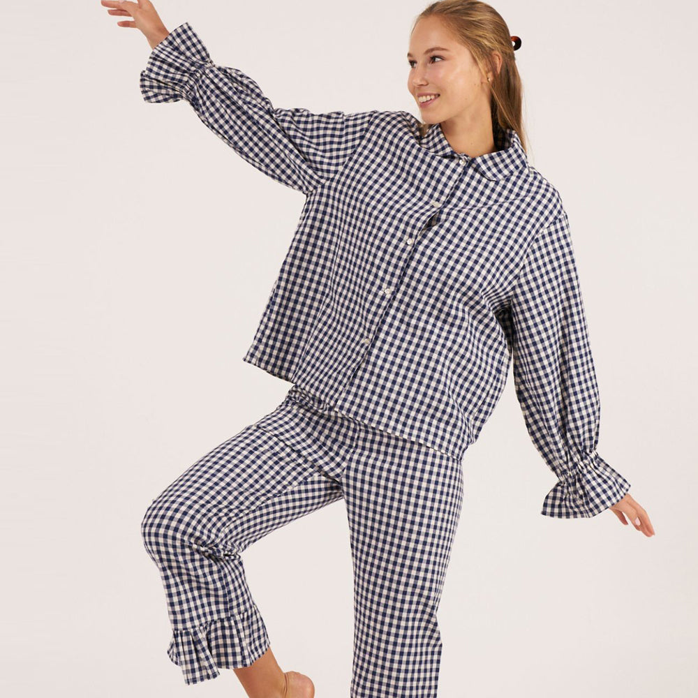 Bohodot Navy/White Gingham Check Cotton Pajama Set