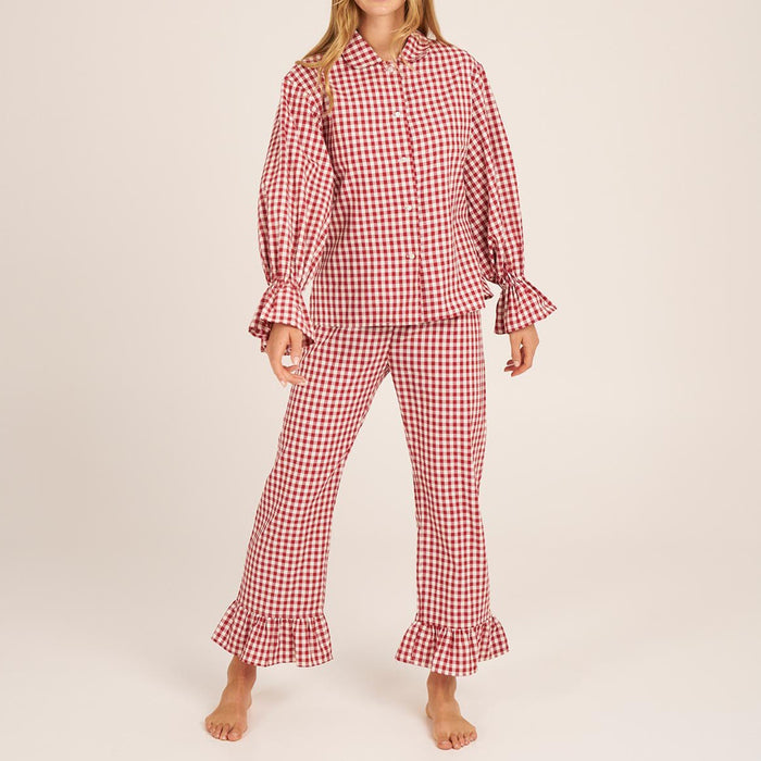 Bohodot Red/White Gingham Check Cotton Pajama Set