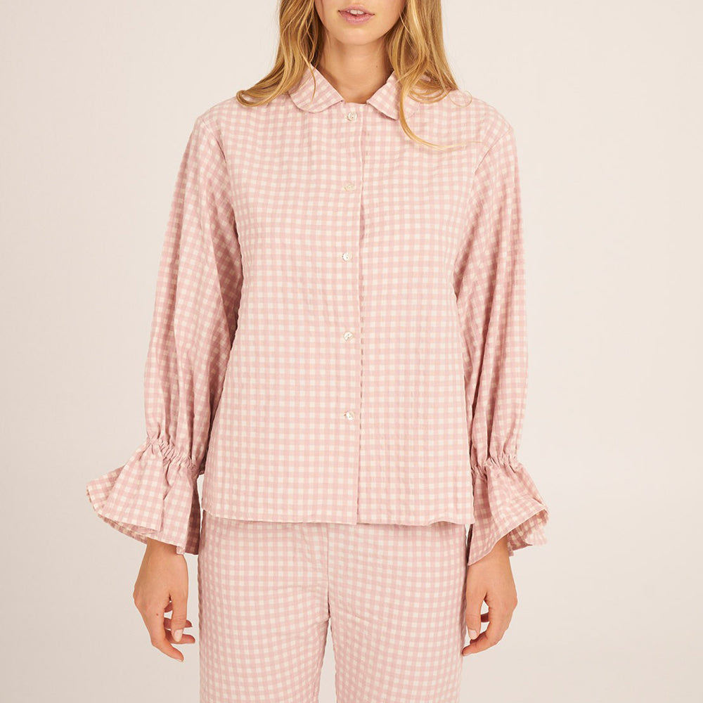 Bohodot Pink/White Gingham Check Seersucker Cotton Pajama Set