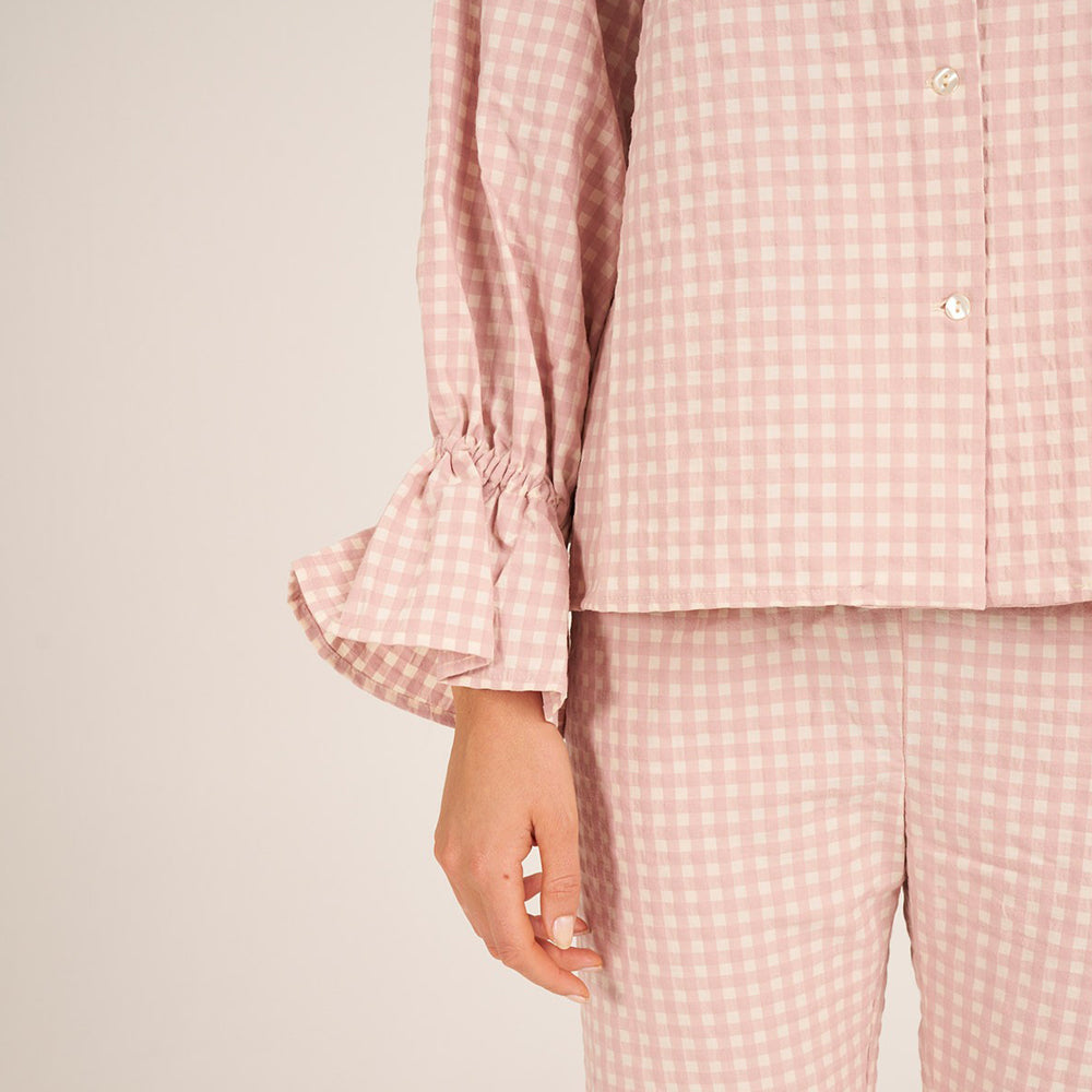 Bohodot Pink/White Gingham Check Seersucker Cotton Pajama Set