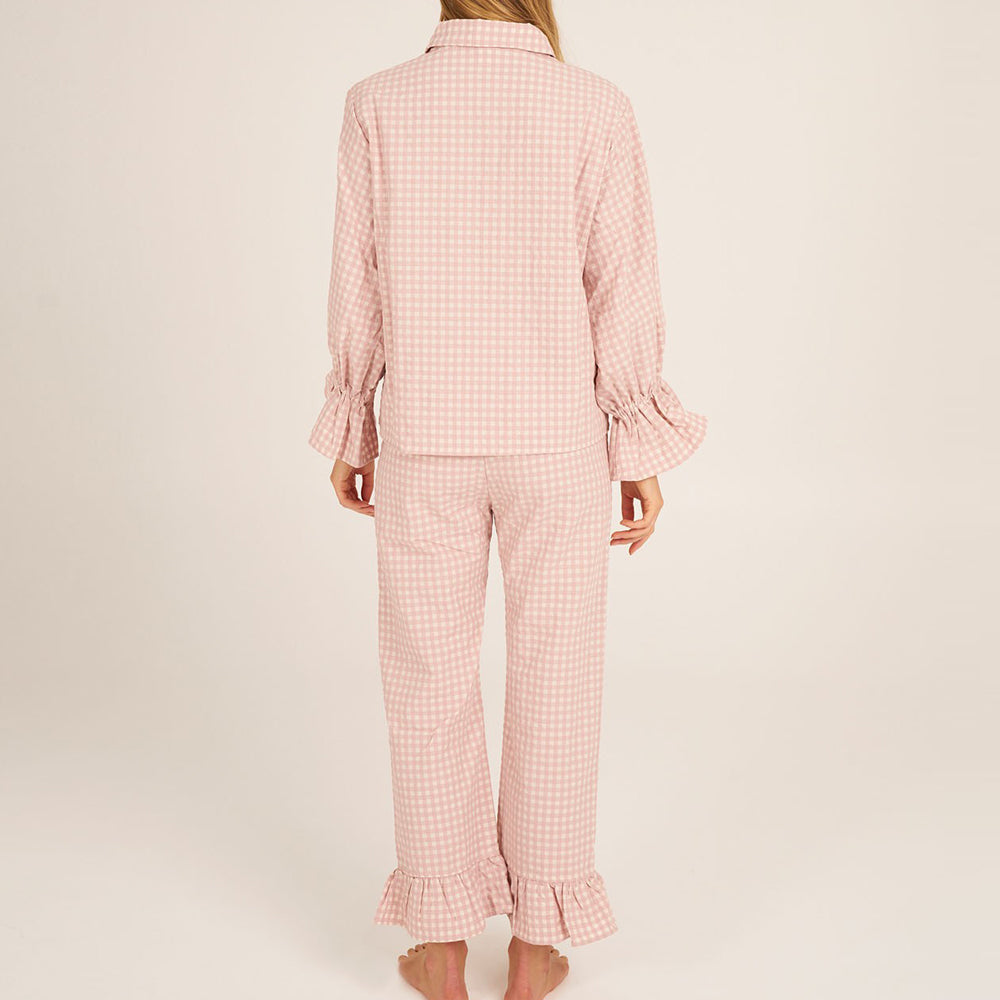 Bohodot Pink/White Gingham Check Seersucker Cotton Pajama Set