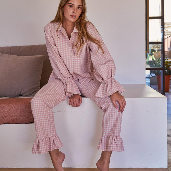 Bohodot Pink/White Gingham Check Seersucker Cotton Pajama Set