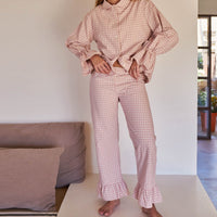 Bohodot Pink/White Gingham Check Seersucker Cotton Pajama Set