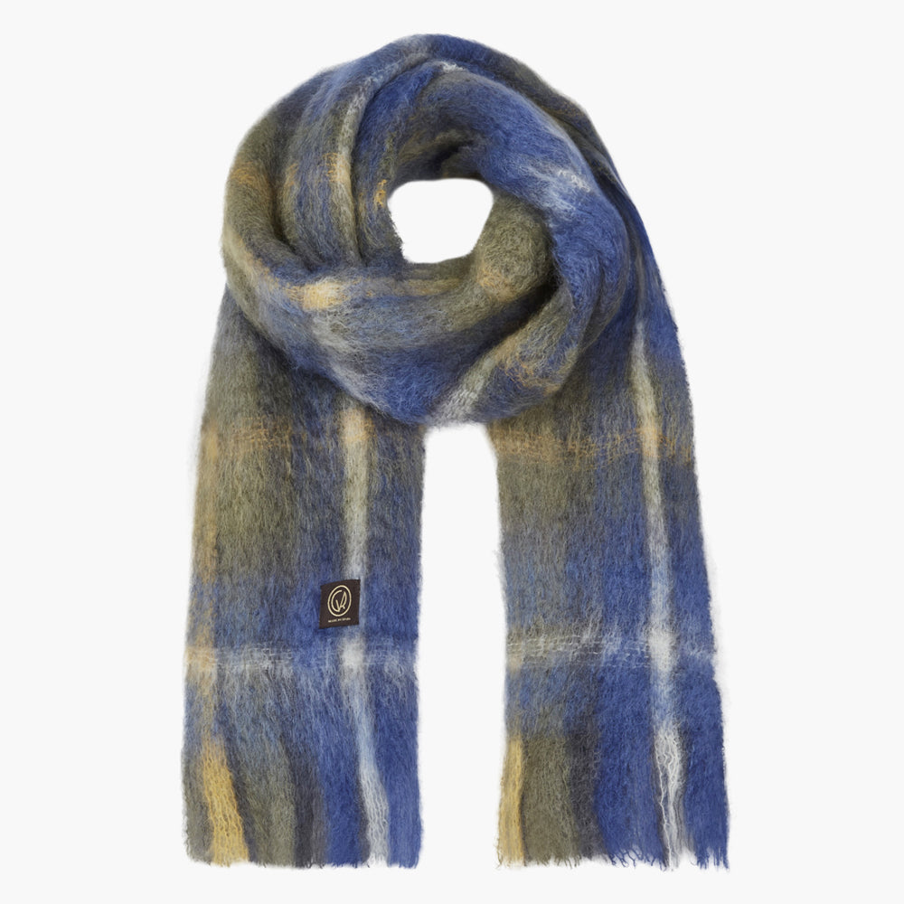 Mantas Ezcaray Tartan Cobalt Blue Mohair and Wool-Blend Scarf