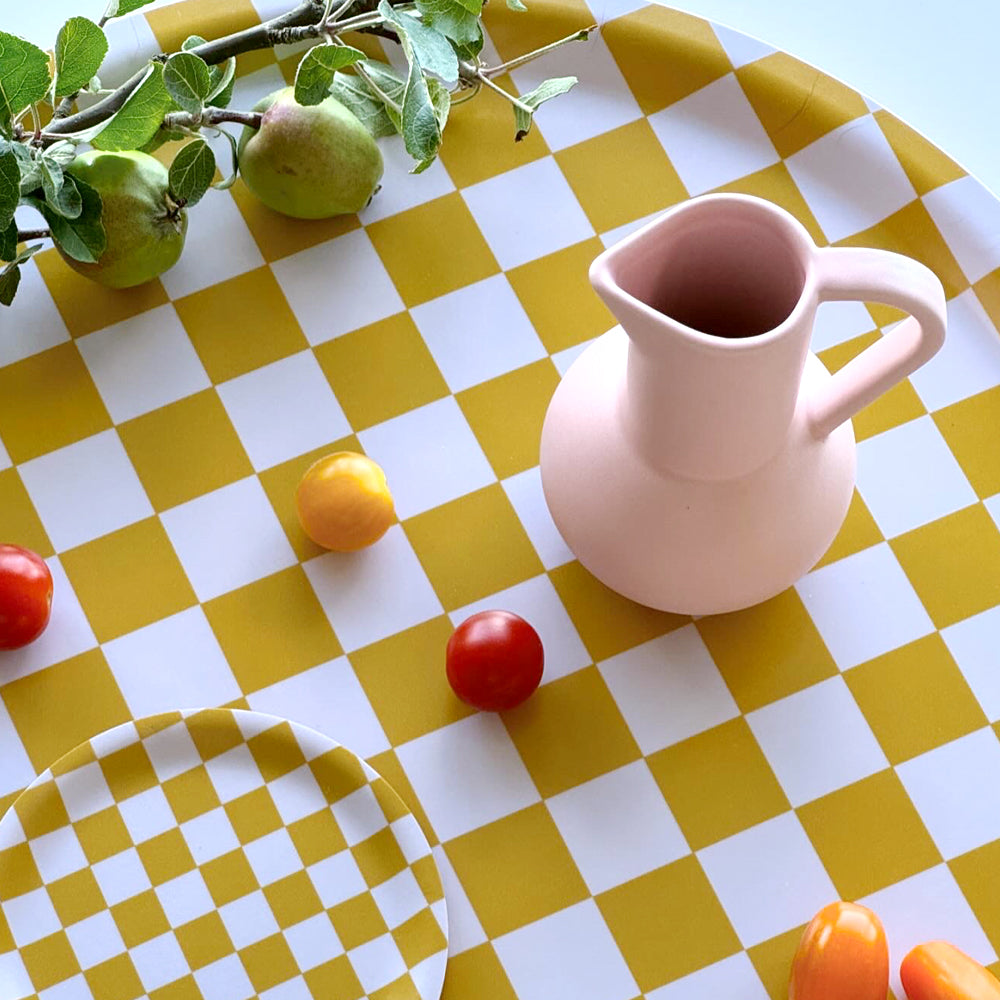 BLU KAT Mustard CHECKER Round Serving Tray - 38 cm