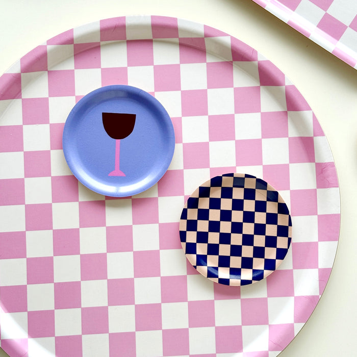 BLU KAT Pink and White CHECKER Round Serving Tray - 38 cm