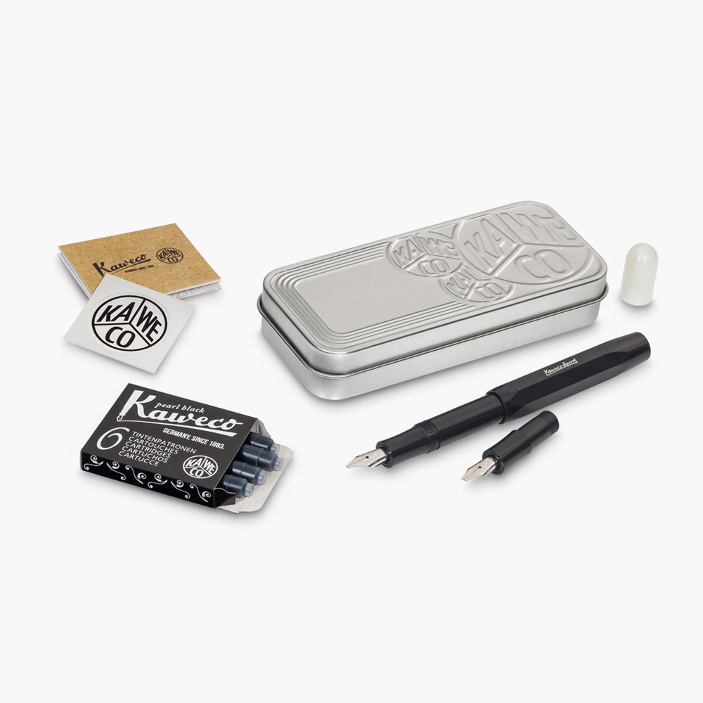 Metalbox with fountain pen, ink Cartridges and nib units for writing calligraphy