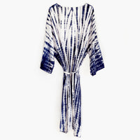 A robe tie-dyed in indigo blue and white.