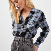 The classic Hunter shirt from Rails in a sky blue, white and black plaid.  So soft and comfy you will never want to take it off! Pair it with your favorite jeans for a relaxed California look.  Made from Rails signature, ultra soft rayon fabric featuring a loose twill weave. This style is a year-round comfort classic.