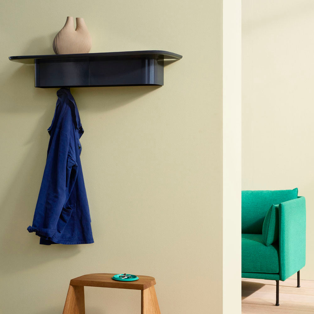 The Korpus Shelf from HAY is a smart multi-purpose shelf made from lightweight and strong sheet aluminium. This wall-mounted shelf has practical concealed hooks for different hanging possibilities. 