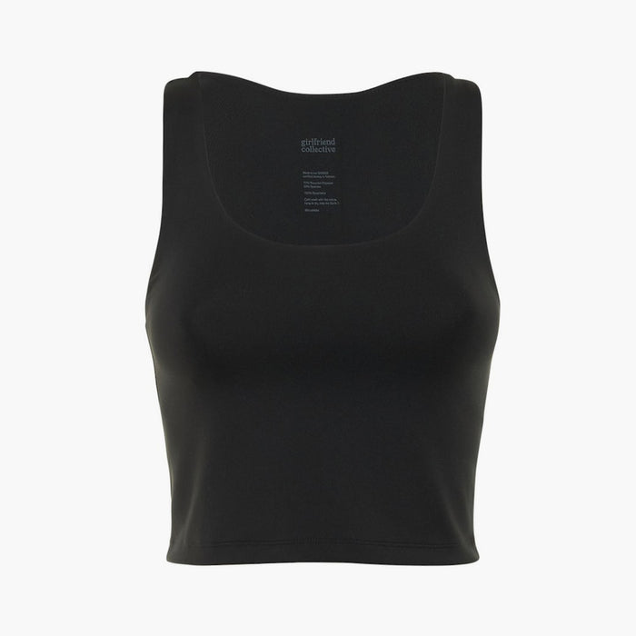 The new black Luxe scoop cropped tank from Girlfriend Collective is designed with a slight matte sheen, medium compression, and an ultra-soft, luxurious feel.